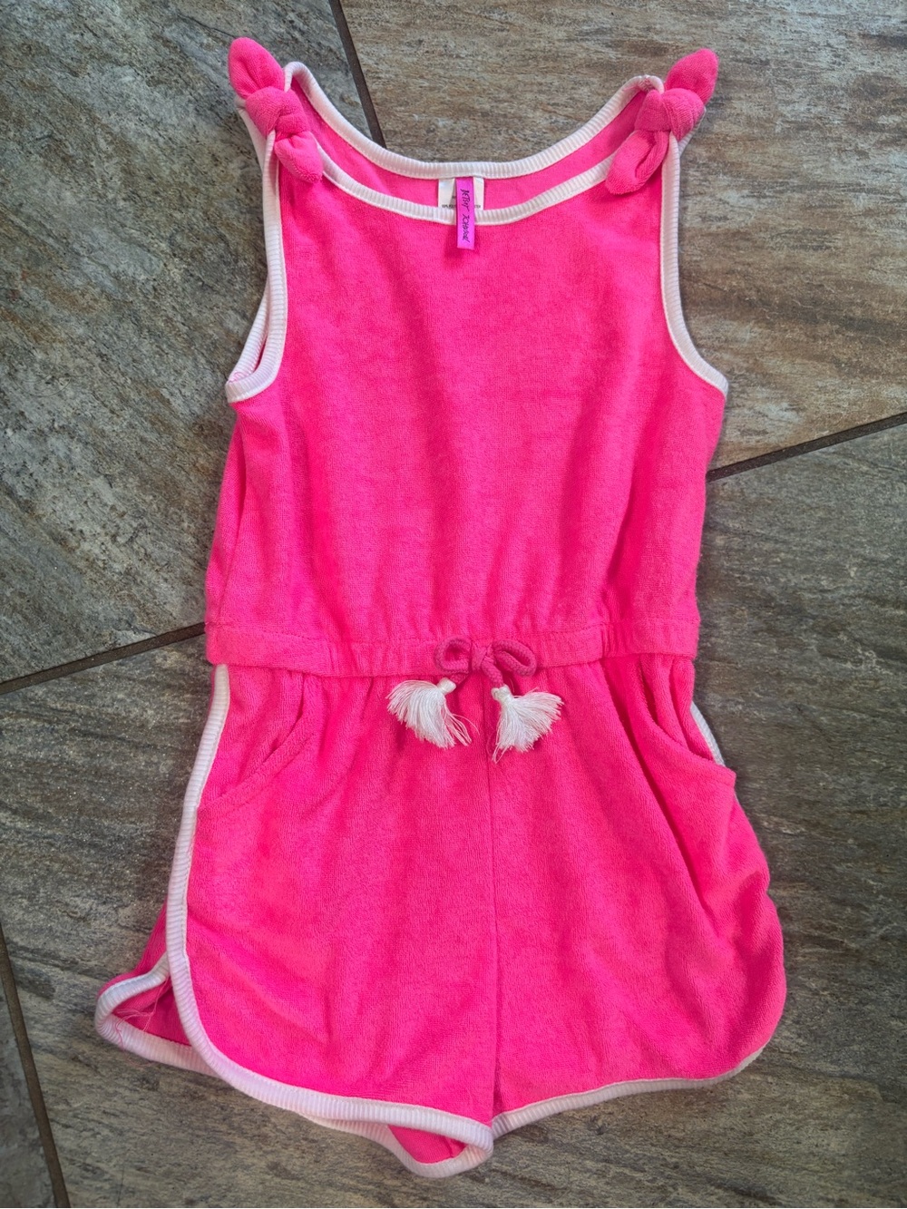 Betsey Johnson Bright Pink Terry Knit Romper with Knotted Straps